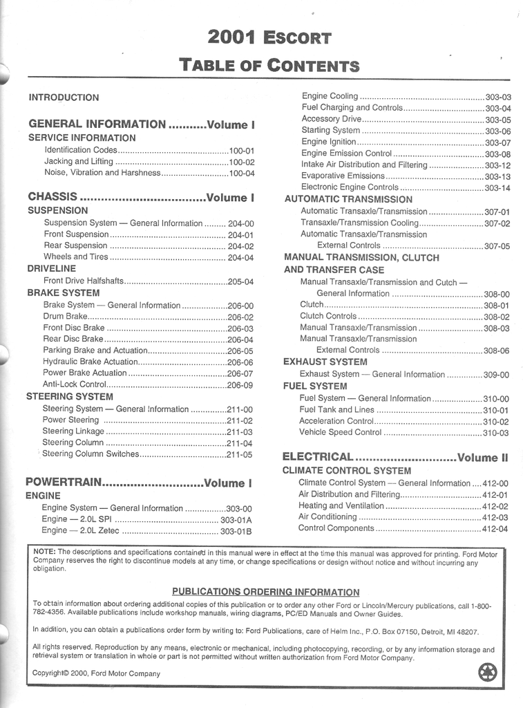 2001 Ford Escort Factory Workshop Service Manual Set
