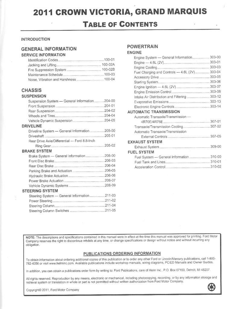 2011 Ford Crown Victoria, Mercury Grand Marquis Factory Workshop Service Manual