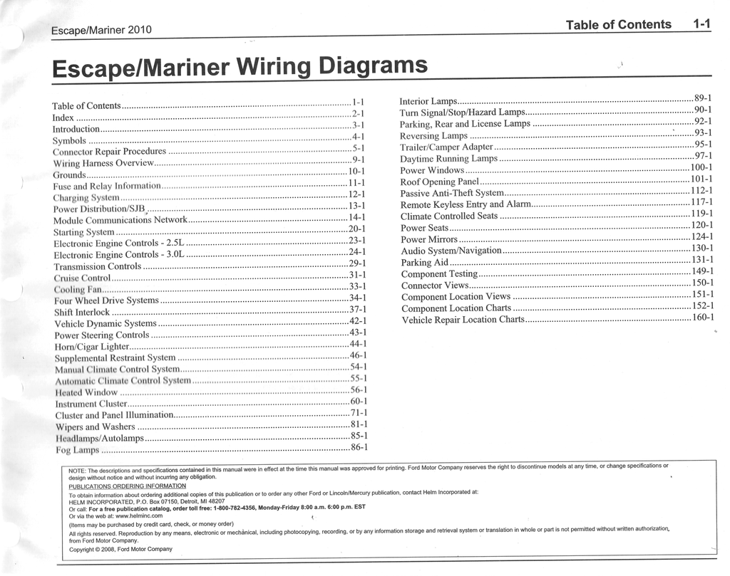 2010 Ford Escape, Mercury Mariner Factory Electrical Wiring Diagrams Manual