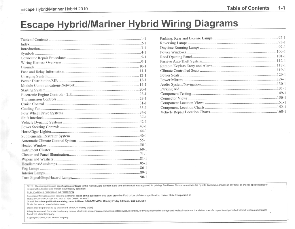 2010 Ford Escape Hybrid, Mercury Mariner Hybrid Factory Electrical Wiring Diagrams Manual