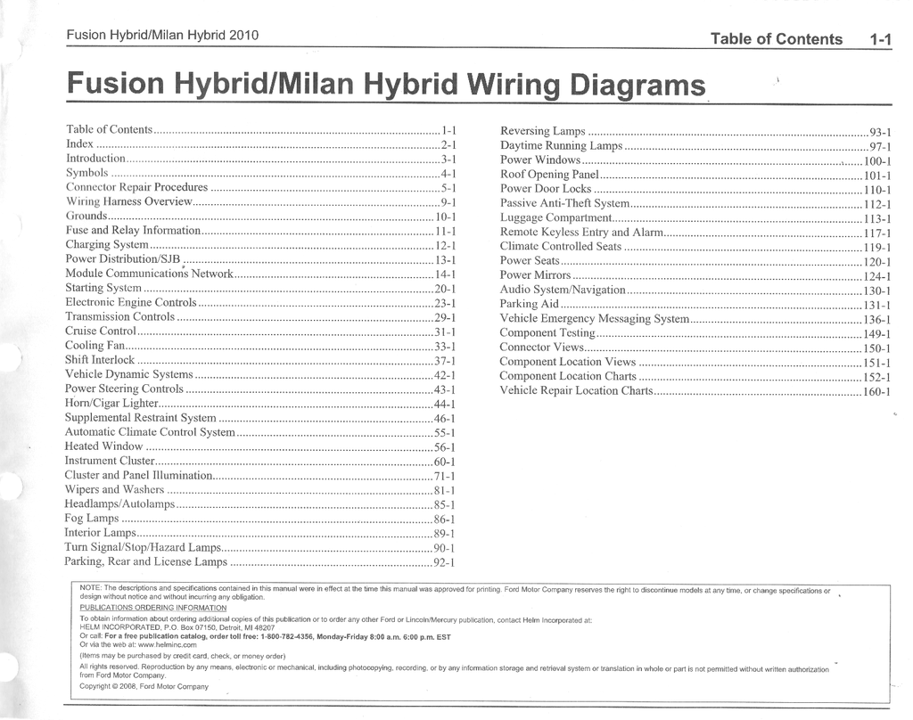 2010 Ford Fusion Hybrid, Mercury Milan Hybrid Factory Electrical Wiring Diagrams Manual