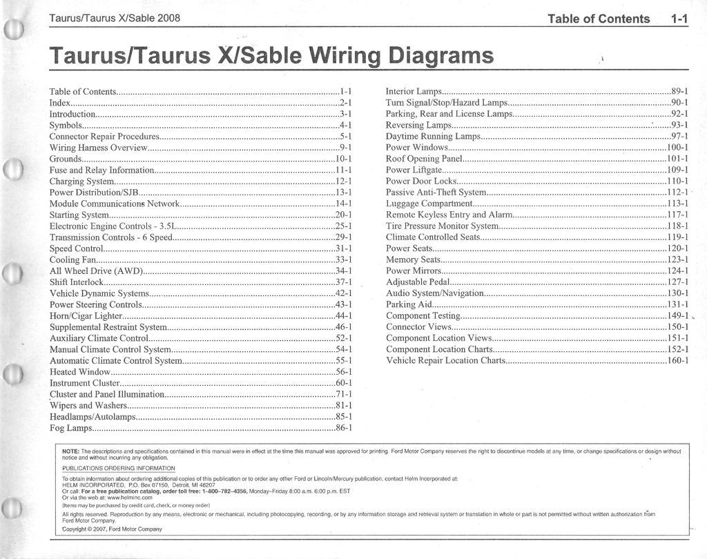 2008 Ford Taurus, Taurus X, Mercury Sable Factory Electrical Wiring Diagrams Manual