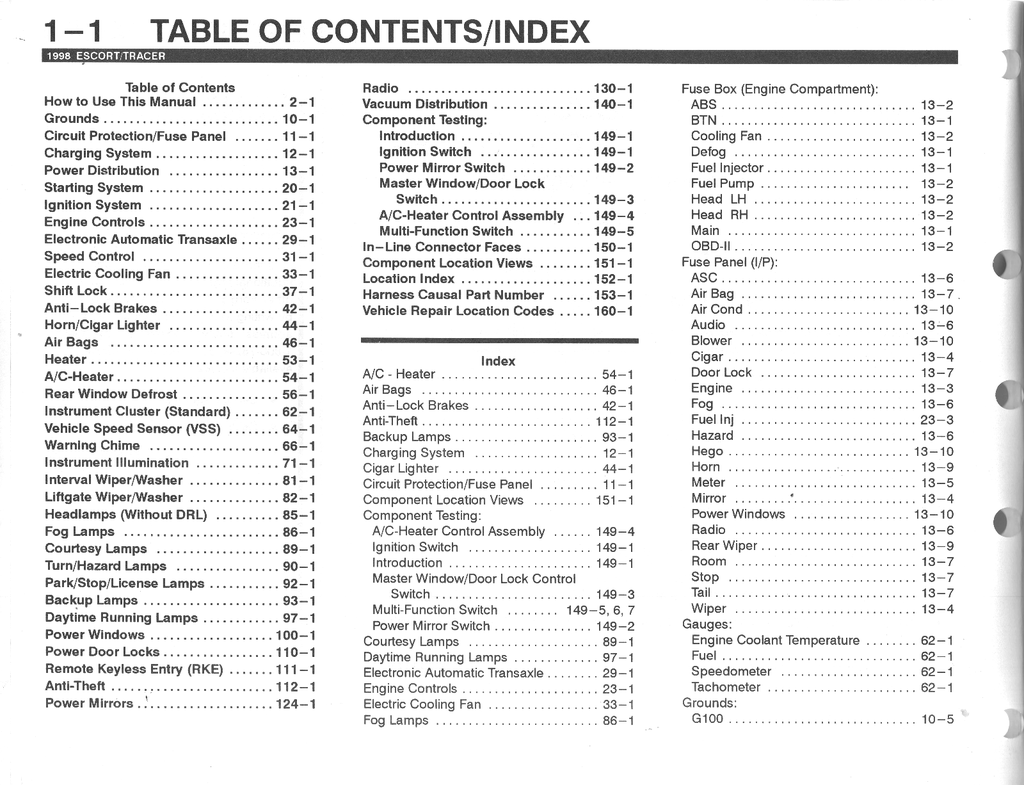 1998 Ford Escort, Mercury Tracer Sedan/Wagon Factory Electrical Vacuum & Troubleshooting Wiring Diagrams Manual