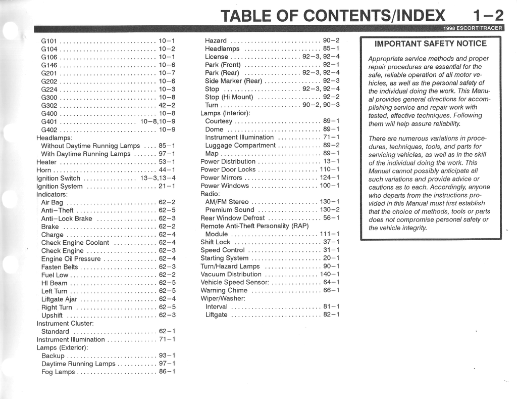 1998 Ford Escort, Mercury Tracer Sedan/Wagon Factory Electrical Vacuum & Troubleshooting Wiring Diagrams Manual