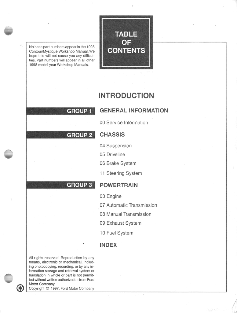1998 Ford Contour, Mercury Mystique Factory Workshop Service Manual Set