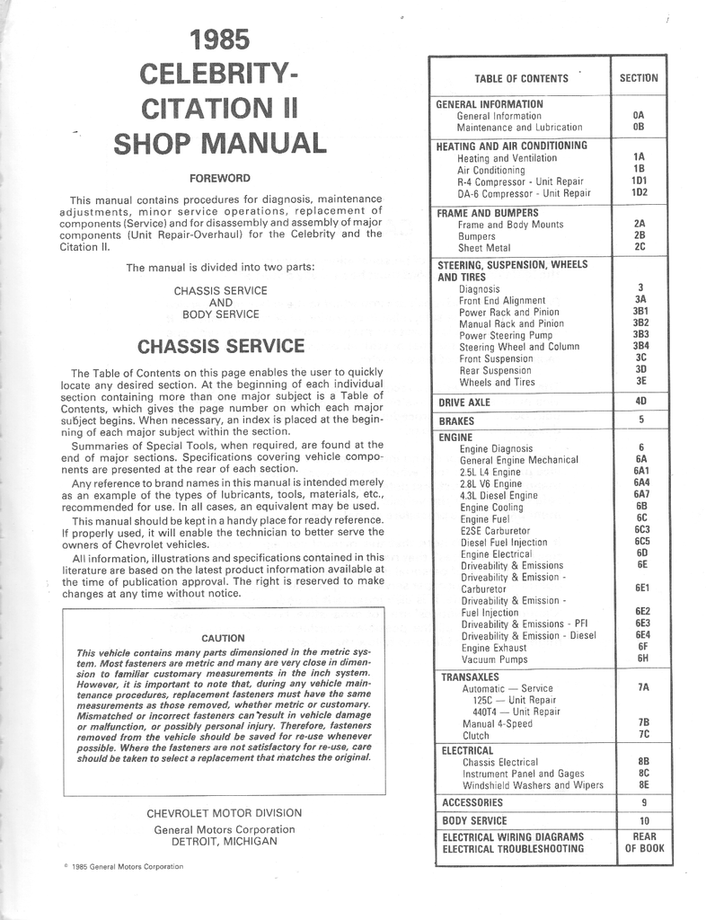 1985 Chevrolet Celebrity, Citation II Factory Shop Repair Service Manual