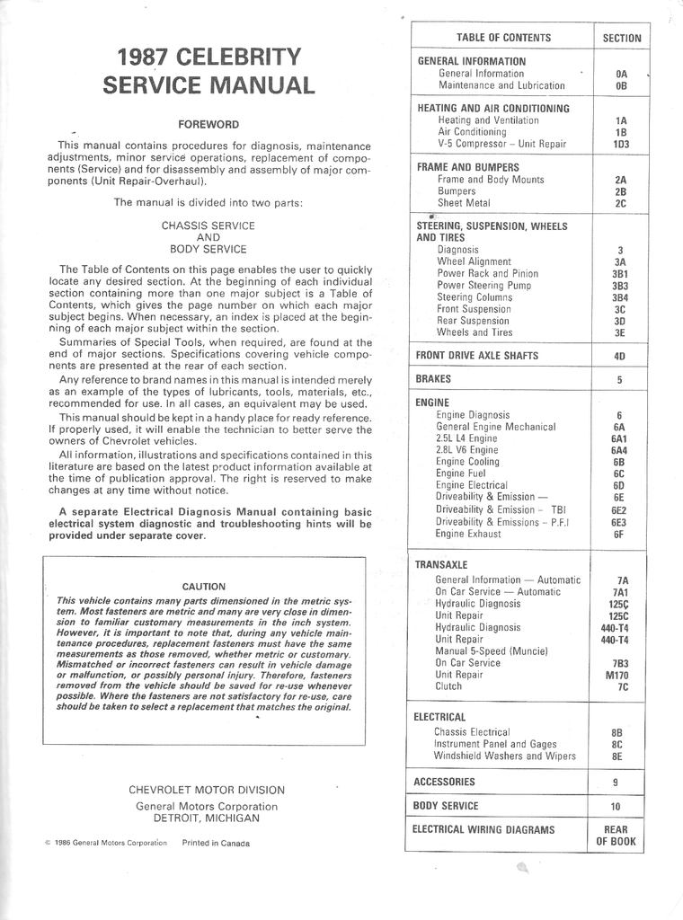 1987 Chevrolet Celebrity Factory Shop Repair Service Manual Eurosport