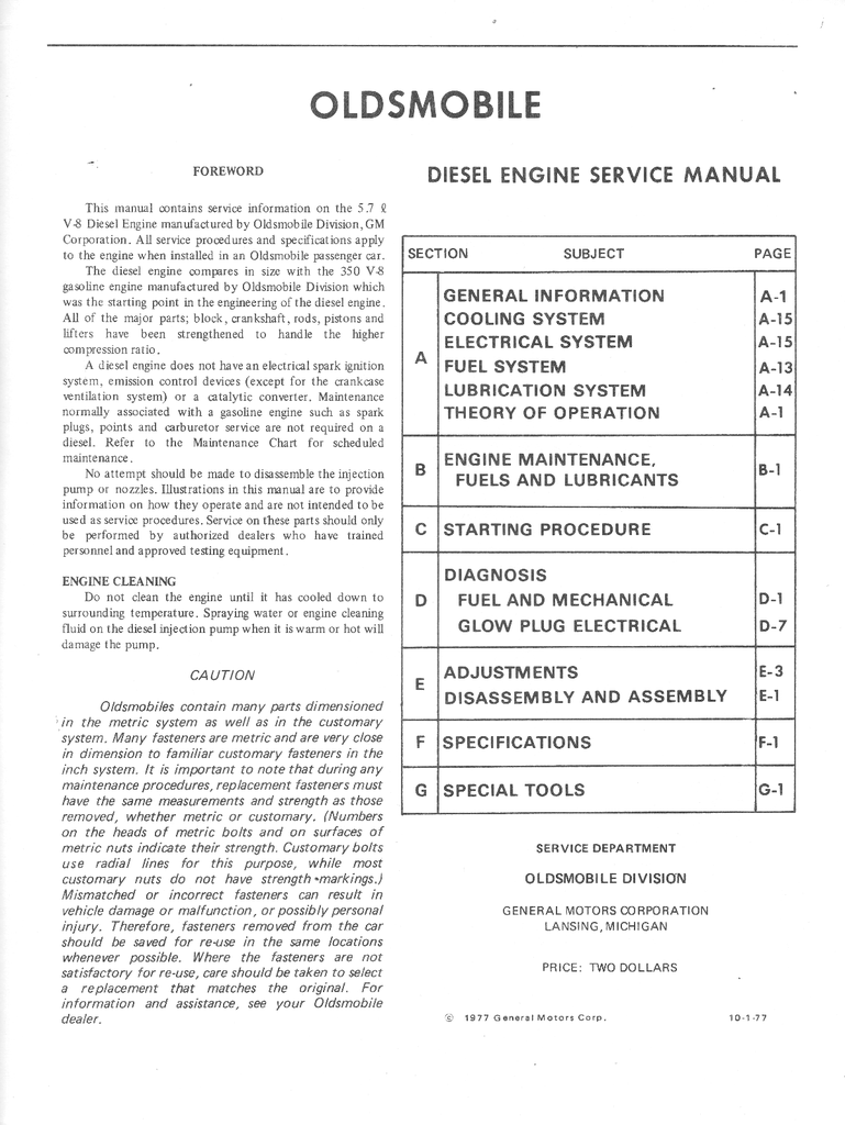 1978-1985 Oldsmobile Diesel Engine Factory Shop Repair Service Manual