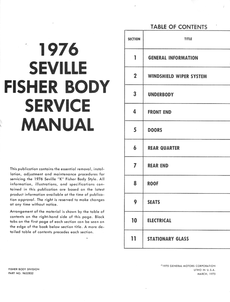 1976 Seville by Cadillac Factory Fisher Body Service Manual