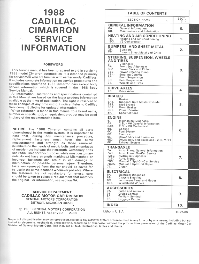 1988 Cadillac Cimarron Factory Shop Repair Service Manual