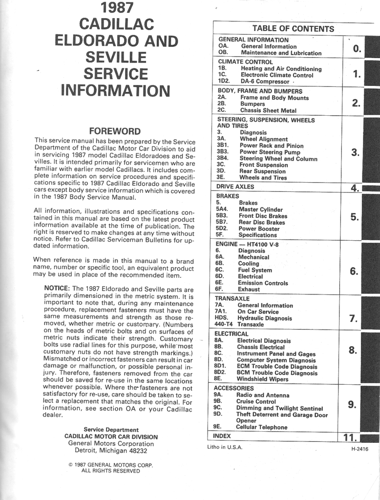 1987 Cadillac Eldorado, Seville Factory Shop Repair Service Information Manual