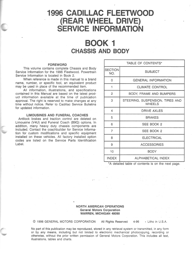 1996 Cadillac Fleetwood Factory Shop Repair Service Manual Set
