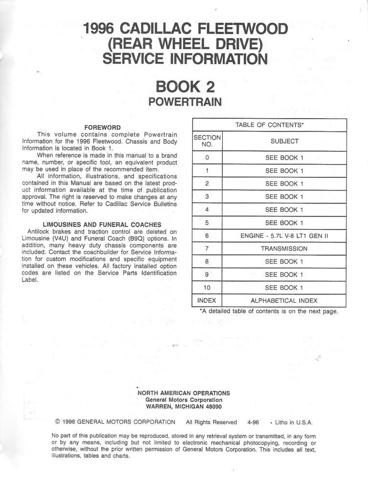 1996 Cadillac Fleetwood Factory Shop Repair Service Manual Set
