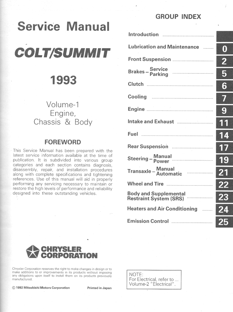 1993 Dodge/Plymouth/Eagle Colt/Vista Factory Shop Repair Service & Electrical Manual 2 Vol. Set