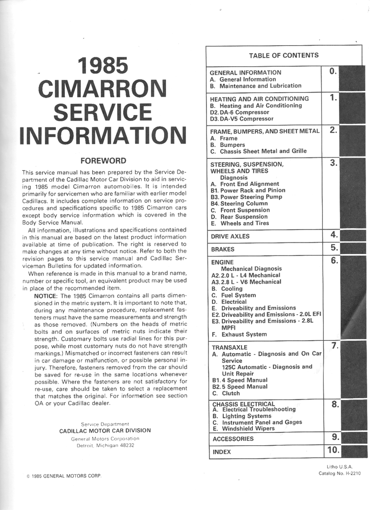 1985 Cadillac Cimarron Factory Shop Repair Service Manual
