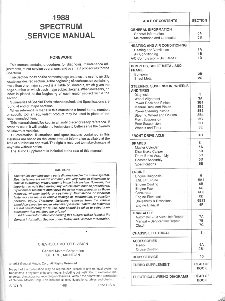 1988 Chevrolet Spectrum Factory Shop Repair Service Manual