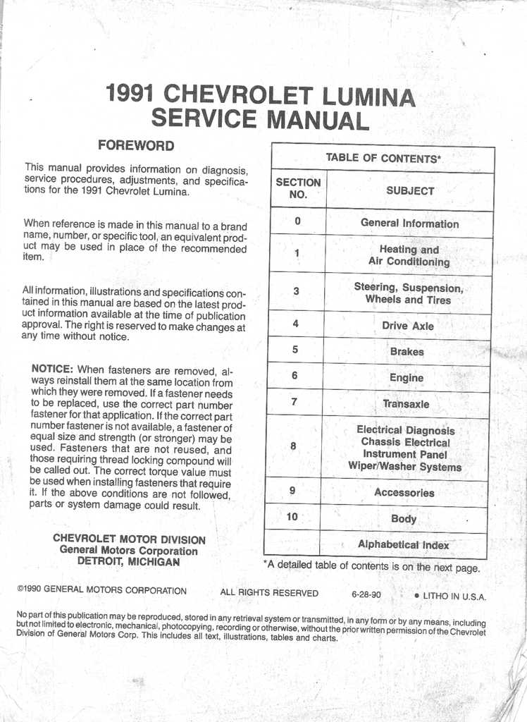 1991 Chevrolet Lumina Factory Shop Repair Service Manual