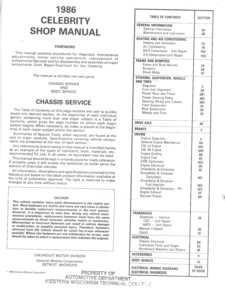 1986 Chevrolet Celebrity Factory Shop Repair Service Manual