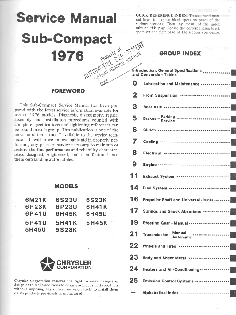 1976 Dodge/Plymouth Colt Factory Shop Repair Service Manual