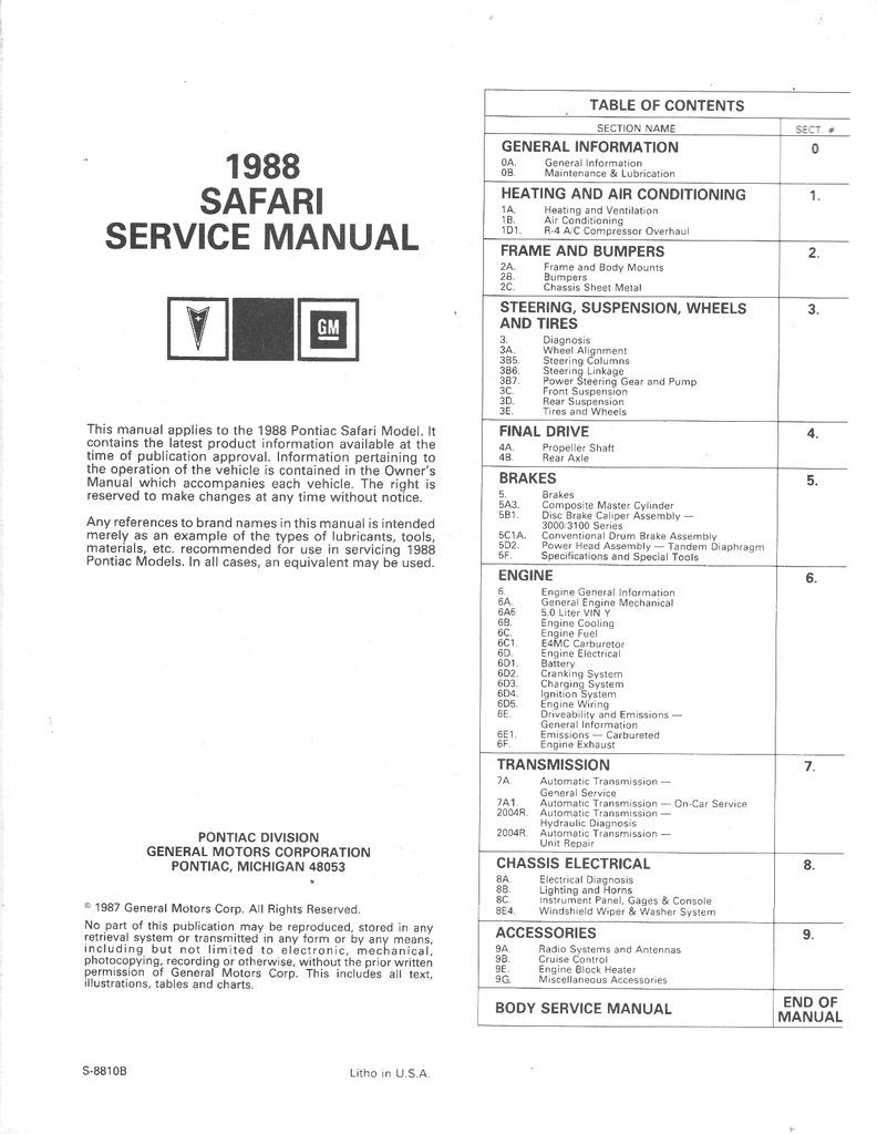 1988 Pontiac Safari Factory Shop Repair Service Manual