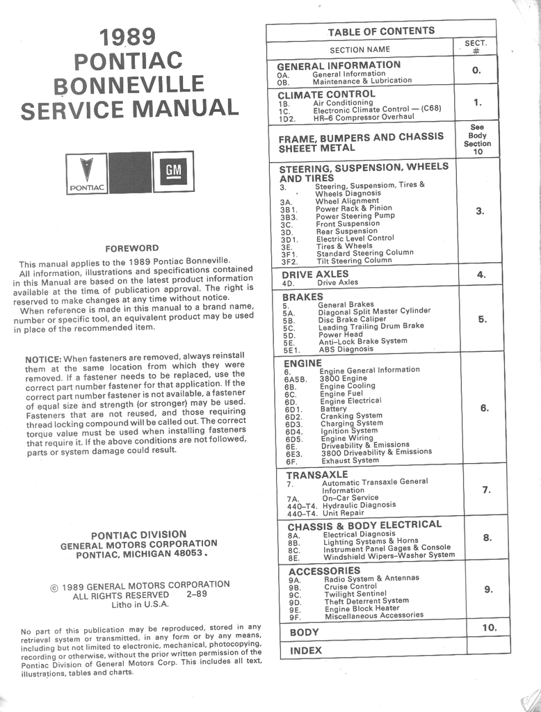 1989 Pontiac Bonneville Factory Shop Repair Service Manual
