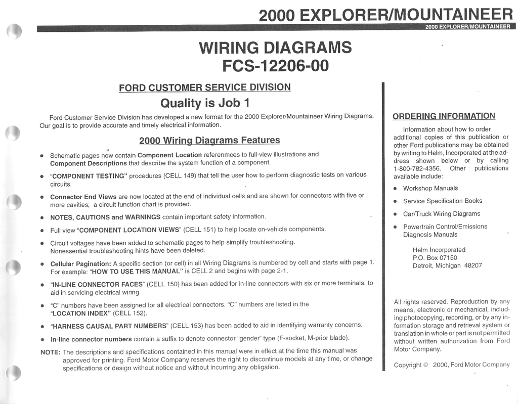 2000 Ford Explorer Mercury Mountaineer Electrical Wiring Diagrams Shop Service Repair Manual