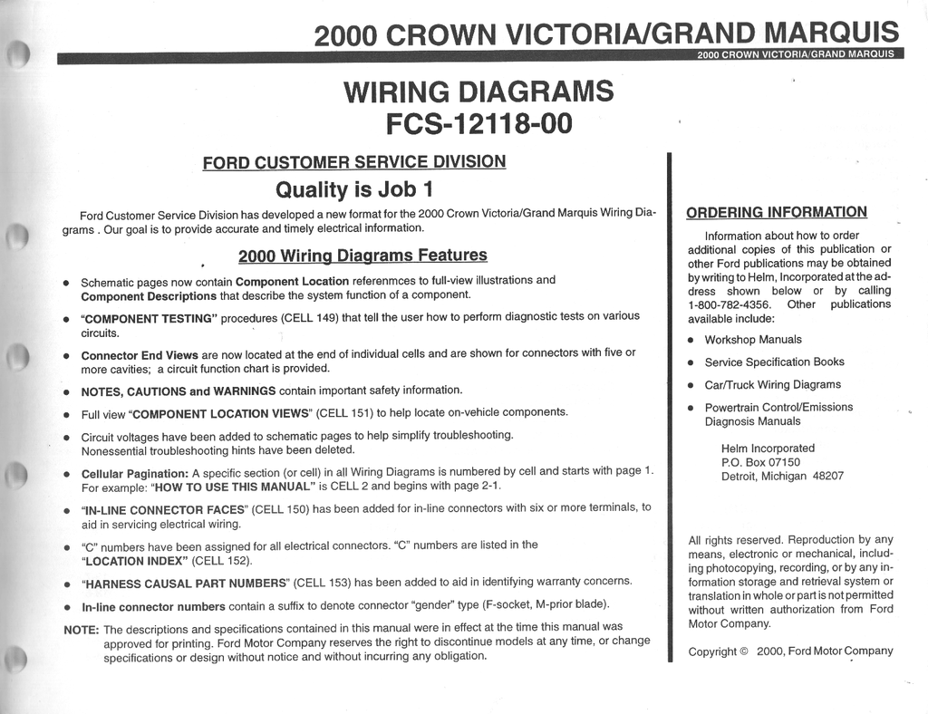 2000 Ford Crown Victoria Mercury Grand Marquis Electrical Wiring Diagrams Shop Service Repair Manual