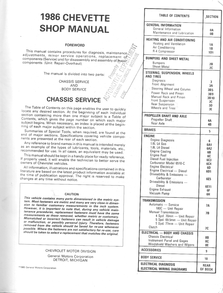 1986 Chevrolet Chevette Factory Shop Repair Service Manual