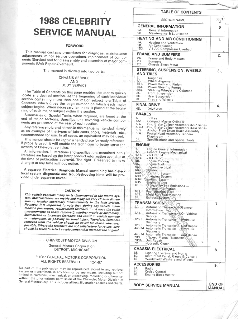 1988 Chevrolet Celebrity Factory OEM Shop Service Repair Manual