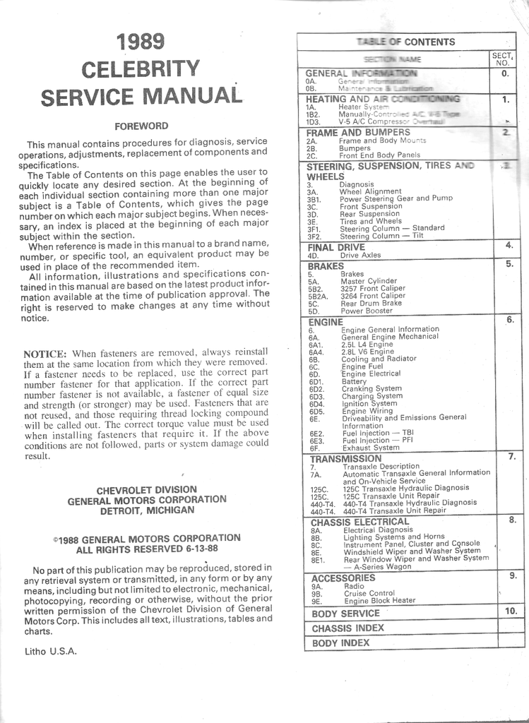 1989 Chevrolet Celebrity Factory OEM Shop Service Repair Manual