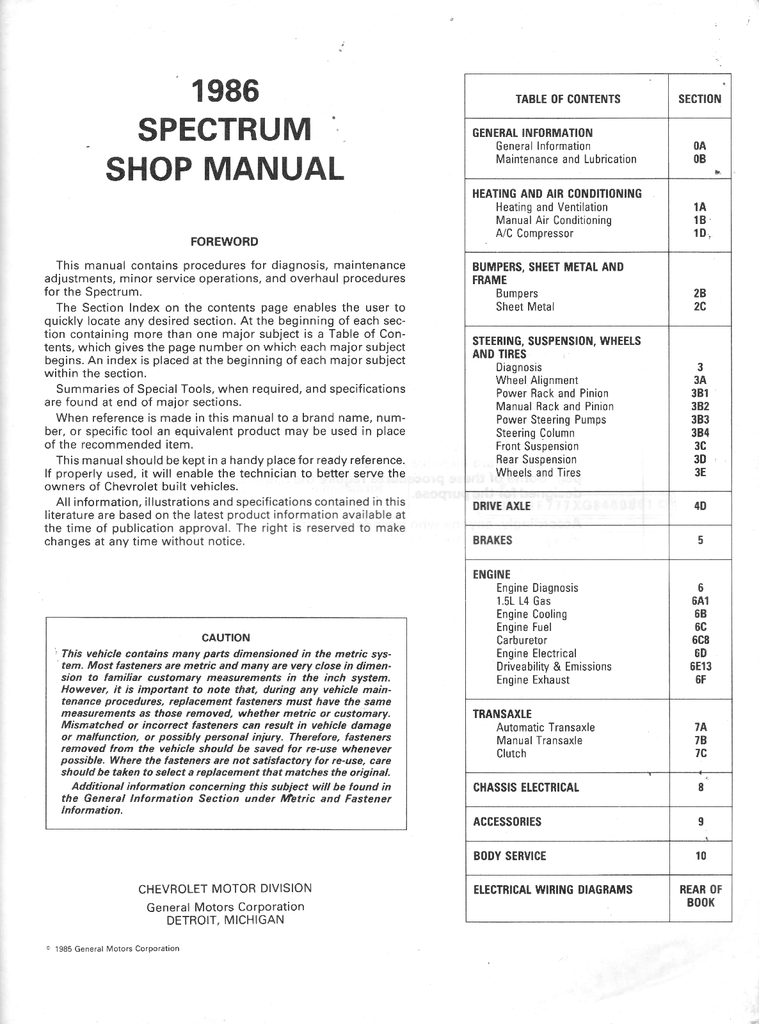 1986 Chevrolet Spectrum Factory OEM Shop Service Repair Manual
