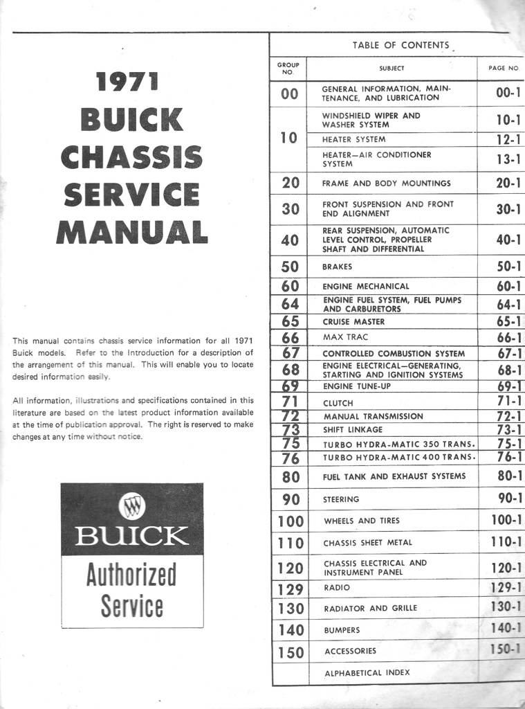 1971 Buick Factory Repair Shop Chassis Service Manual Skylark GSX Riviera LeSabre Centurion Electra Estate Wagon