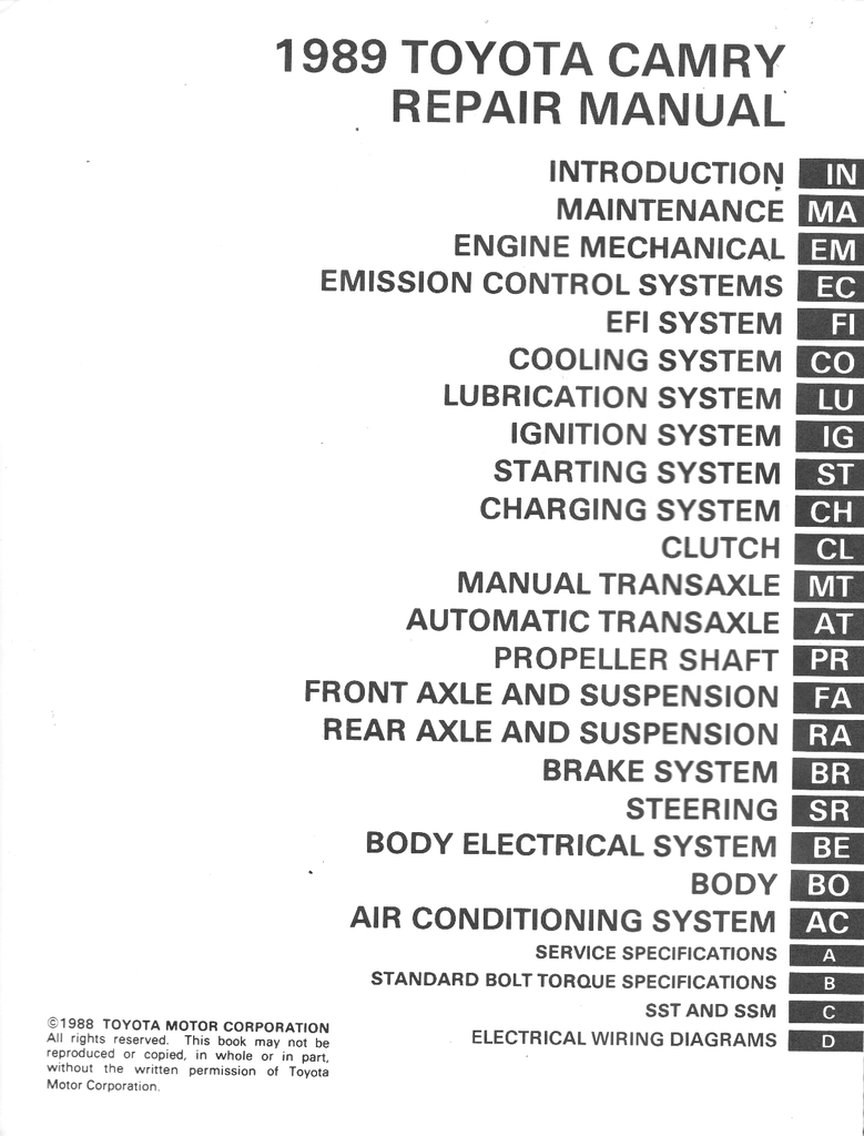 1989 Toyota Camry OEM Factory Shop Service Repair Manual