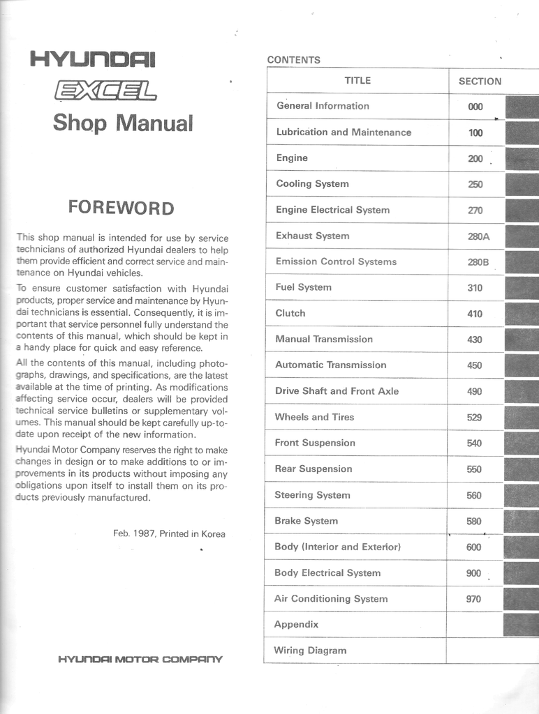 1987 Hyundai Excel Factory Shop Repair Service Manual