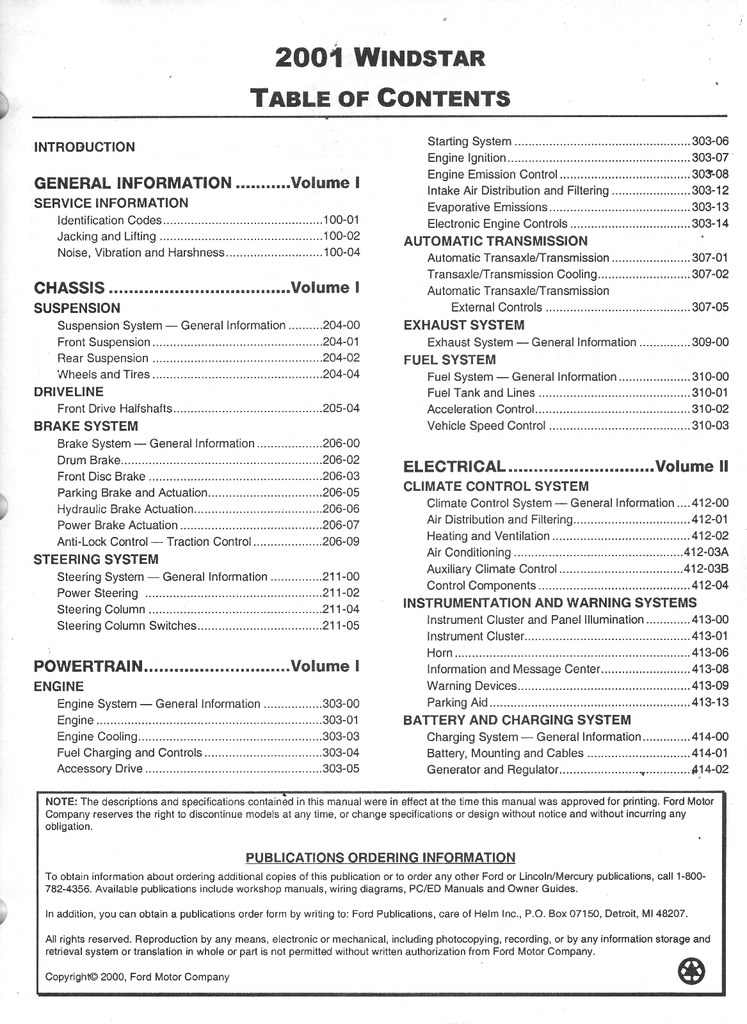 2001 Ford Windstar Factory Workshop Service Manual Set