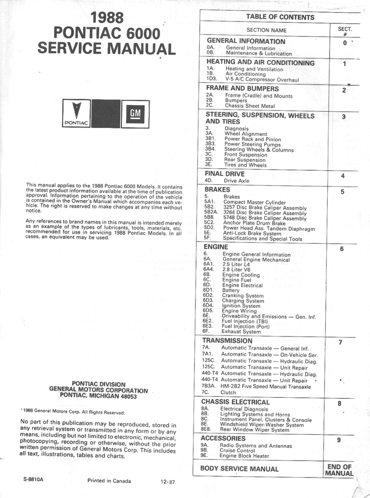 1988 Pontiac 6000 Factory Shop Repair Service Manual