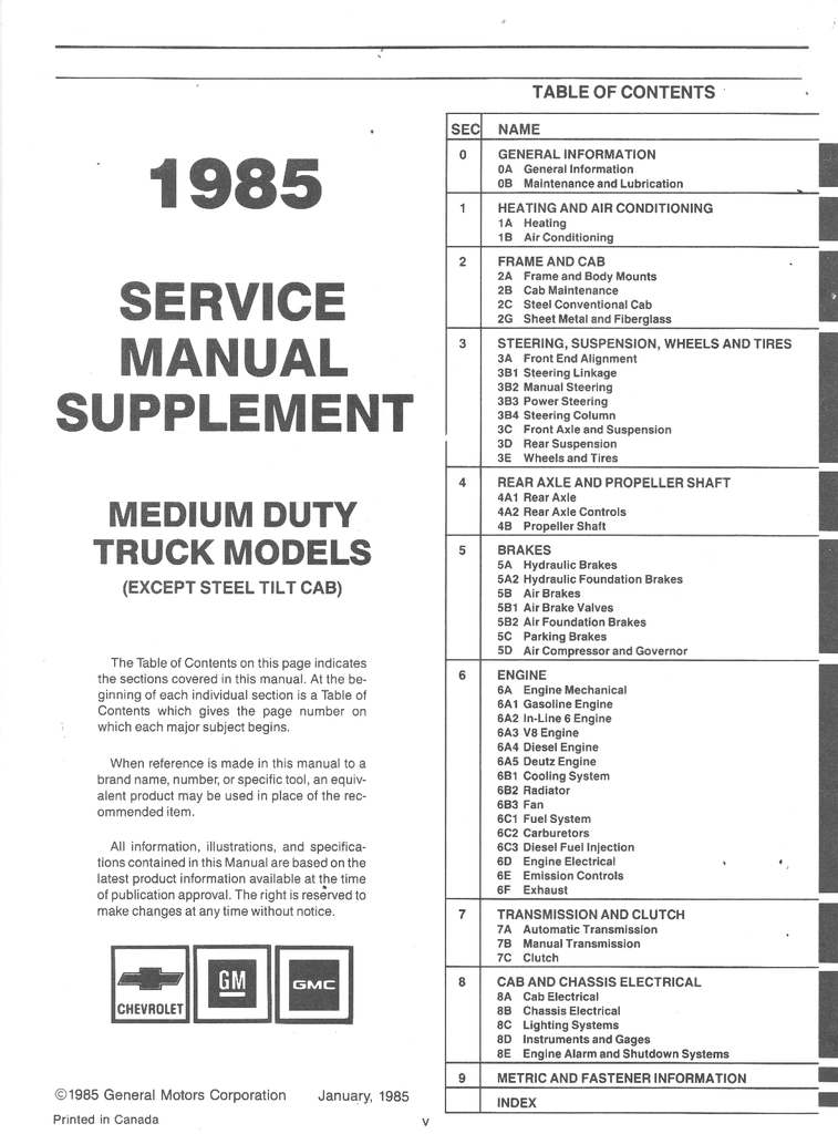1985 Chevrolet Medium Duty Truck Factory OEM Shop Service Repair Manual Supplement