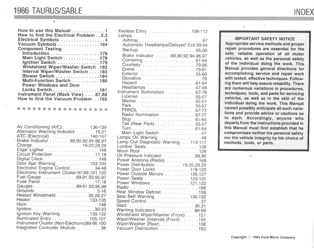 1986 Ford Taurus, Mercury Sable Factory Electrical Vacuum & Troubleshooting Wiring Diagrams Manual EVTM