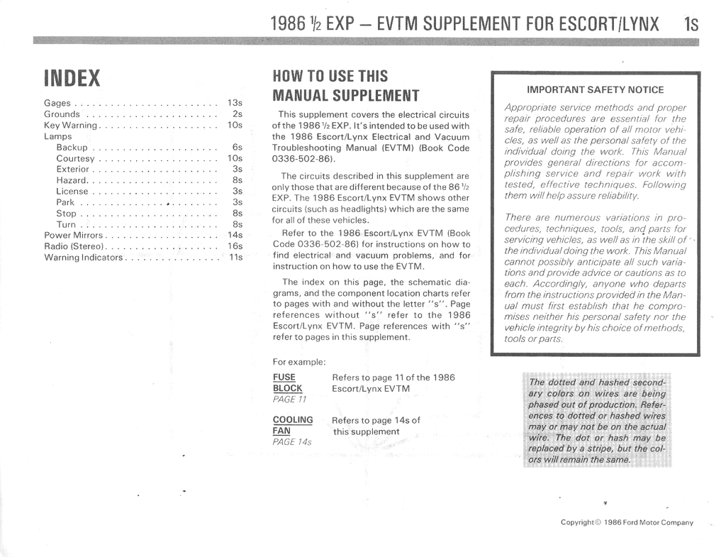 1986 Ford Escort & EXP, Mercury Lynx Factory Electrical & Vacuum Troubleshooting Wiring Diagrams Manual EVTM