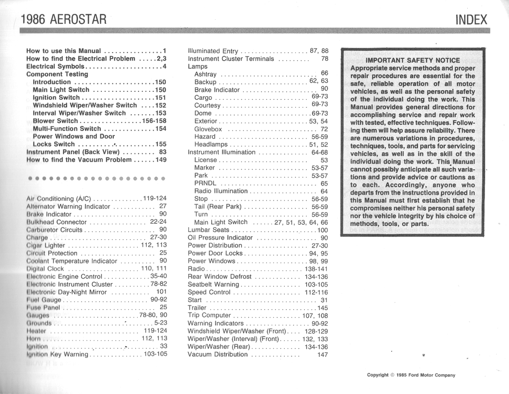 1986 Ford Aerostar Factory Electrical & Vacuum Troubleshooting Wiring Diagrams Manual EVTM