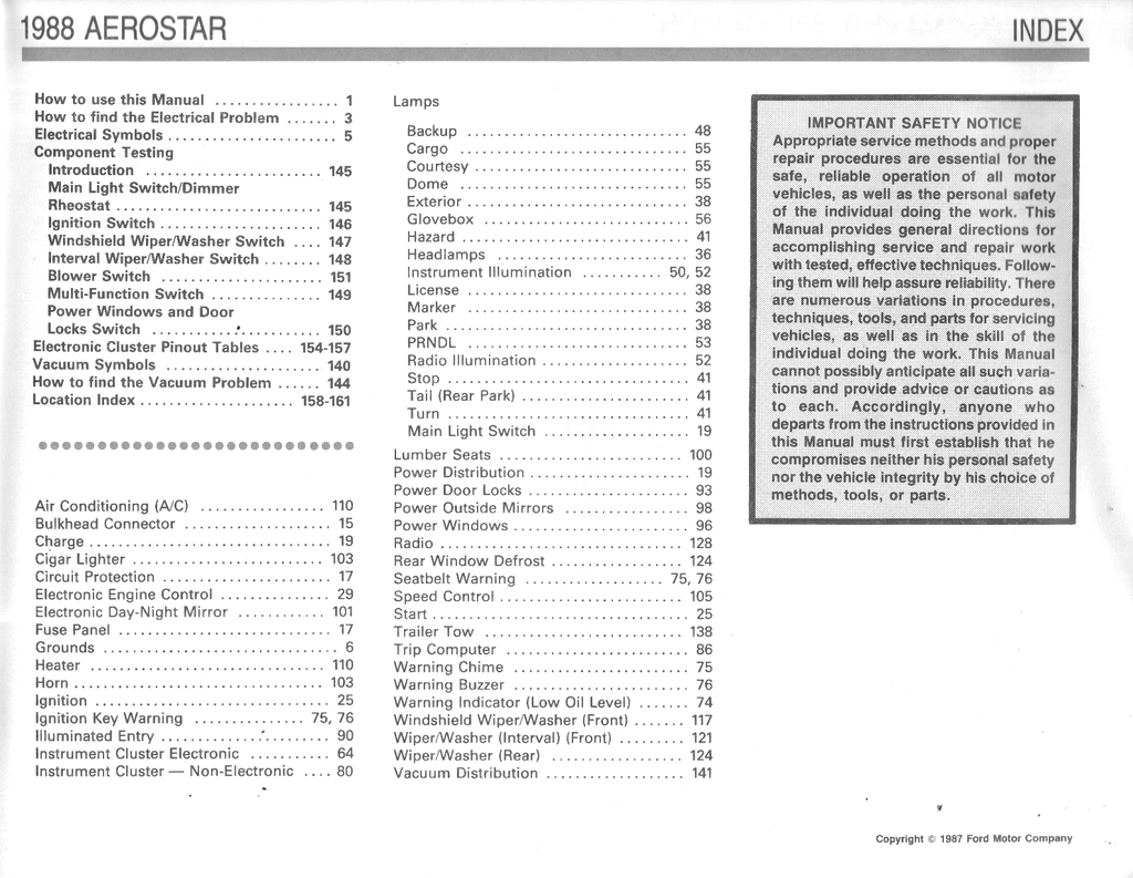 1988 Ford Aerostar Factory Electrical & Vacuum Troubleshooting Wiring Diagrams Manual EVTM