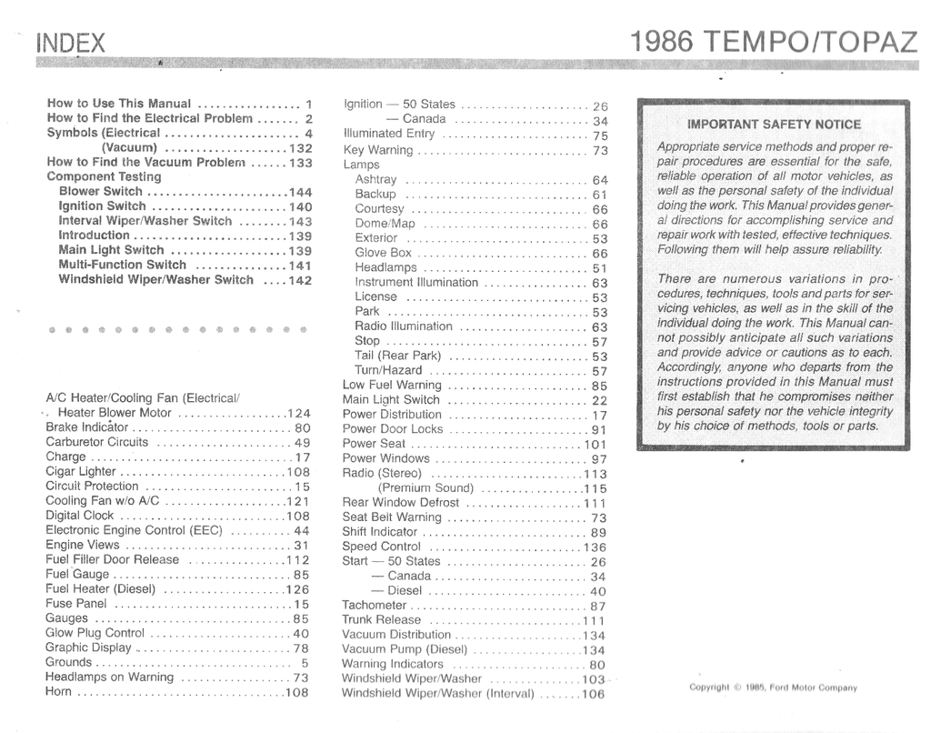 1986 Ford Tempo, Mercury Topaz Factory Electrical & Vacuum Troubleshooting Wiring Diagrams Manual EVTM