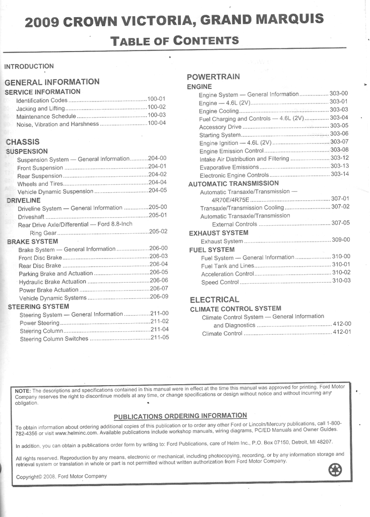 2009 Ford Crown Victoria, Mercury Grand Marquis Factory Workshop Service Manual