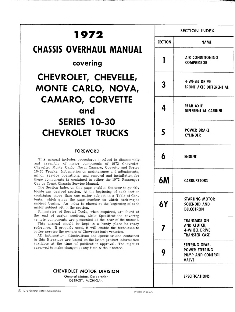 1972 Chevrolet Overhaul Manual: All Passenger Cars and 10-30 Series Trucks