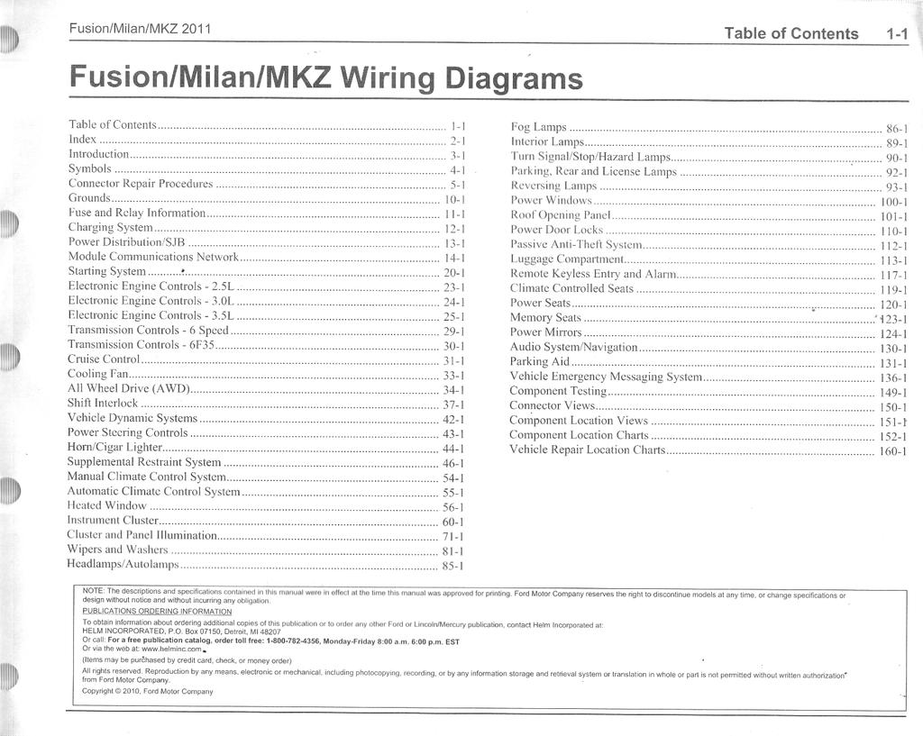 2011 Ford Fusion, Mercury Milan, Lincoln MKZ Factory Electrical Wiring Diagrams Manual
