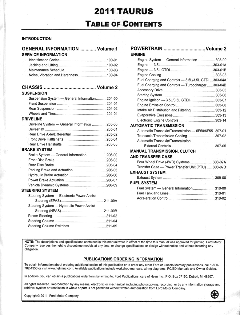 2011 Ford Taurus Factory Workshop Service Manual Set