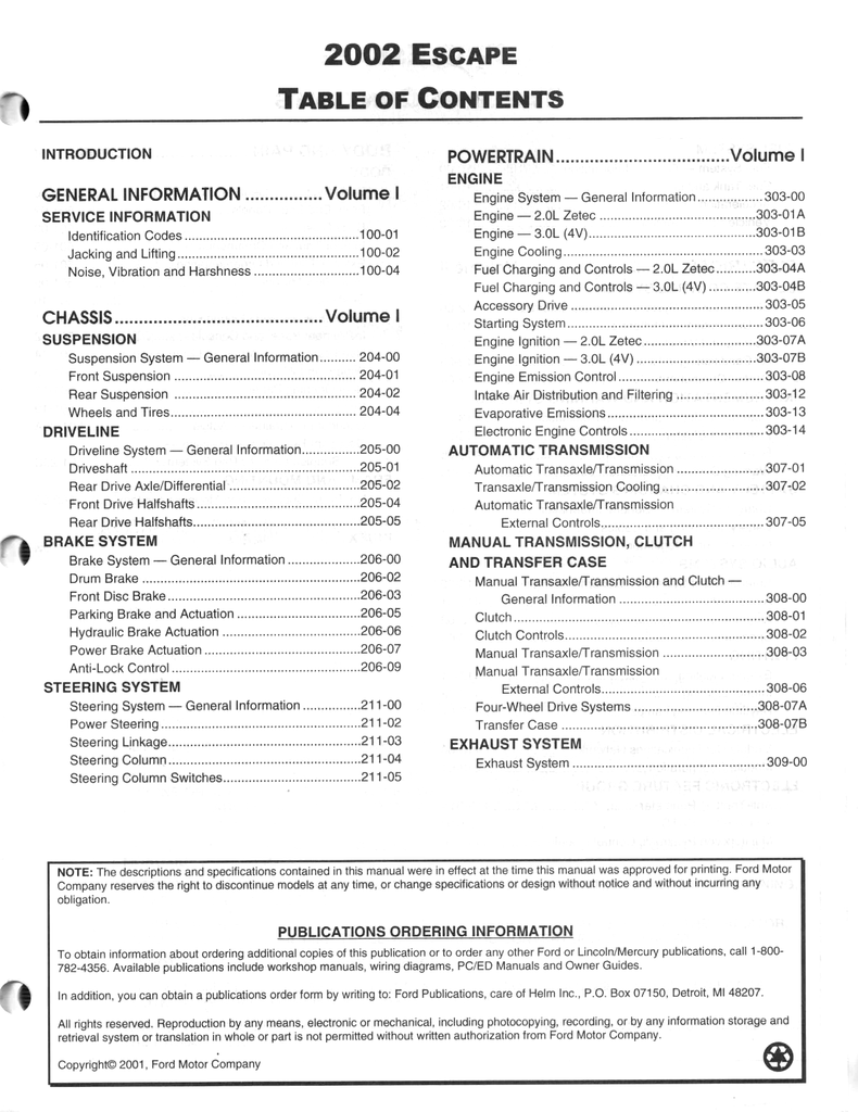 2002 Ford Escape Factory Workshop Service Manual Set