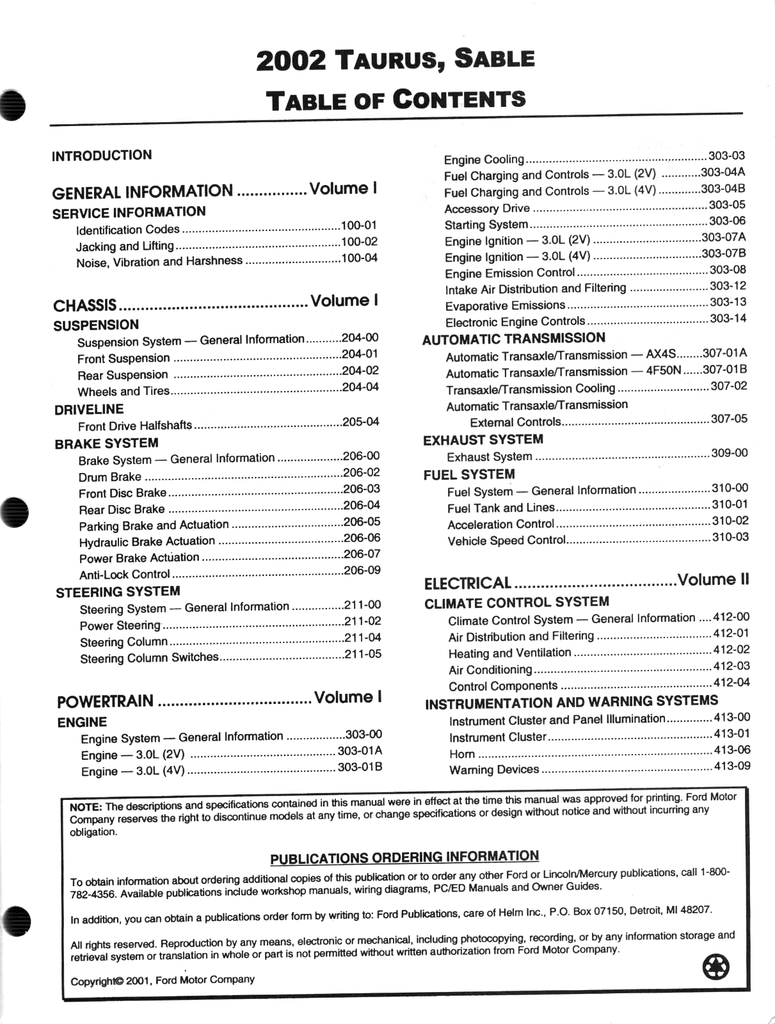 2002 Ford Taurus, Mercury Sable Factory Workshop Service Manual Set