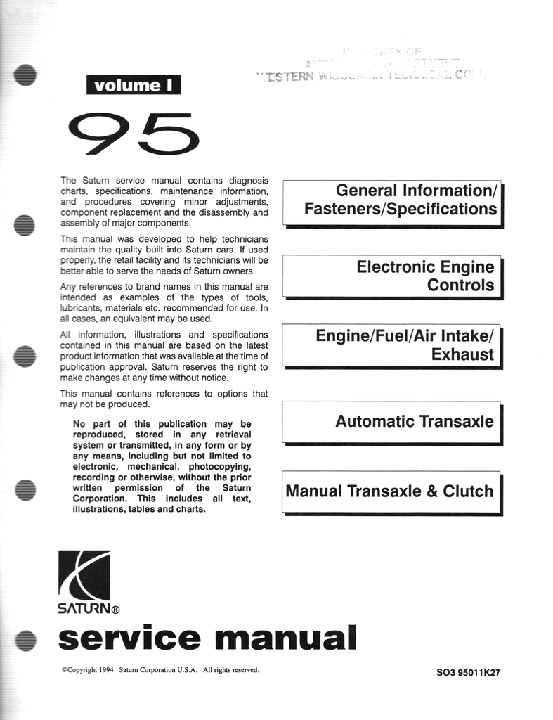 1995 Saturn Factory Shop Service Repair Manual Full 3 Volume Set--SC1, SC2, SL1, SL2, SW1, SW2
