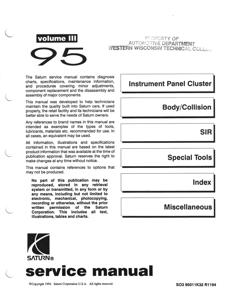 1995 Saturn Factory Shop Service Repair Manual Full 3 Volume Set--SC1, SC2, SL1, SL2, SW1, SW2